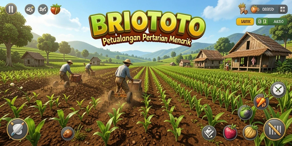 Tampilan gameplay <strong>BRIOTOTO</strong> dengan aktivitas bertani yang seru.