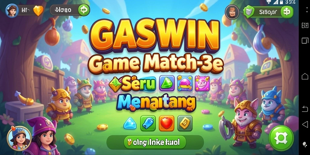 Screenshot GASWIN menampilkan gameplay seru Match-3 dengan berbagai level yang penuh warna.