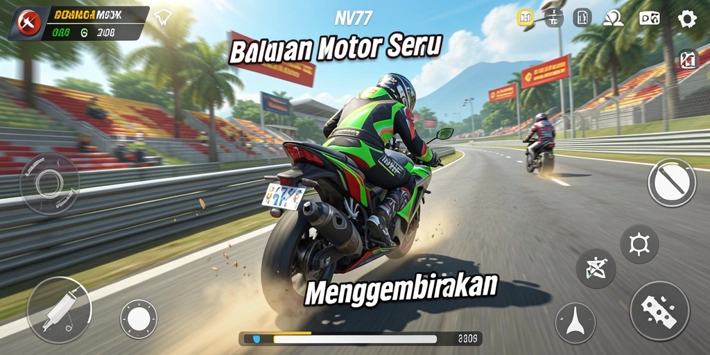 Screenshot gameplay NV77 menampilkan balapan motor yang mendebarkan.