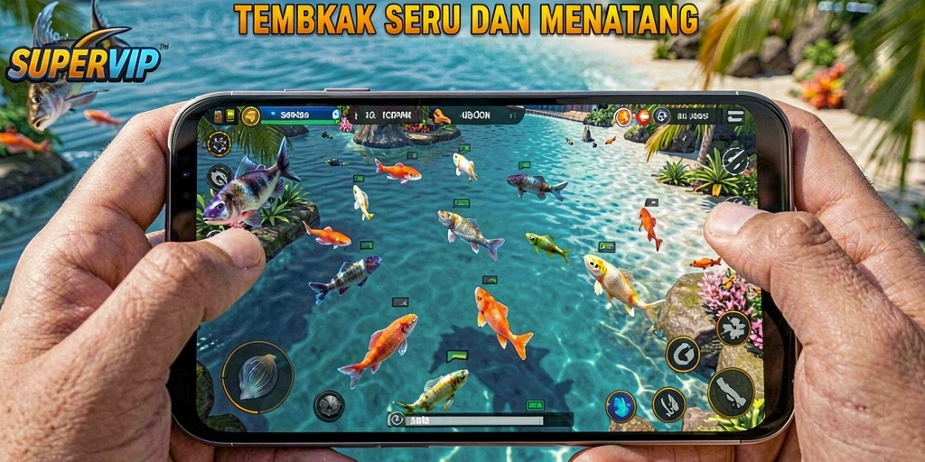 Tangkapan layar permainan <strong>SUPERVIP</strong> yang menunjukkan aksi menembak ikan.