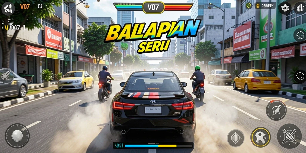 Screenshot gameplay V07 menampilkan mobil balap di trek menantang.